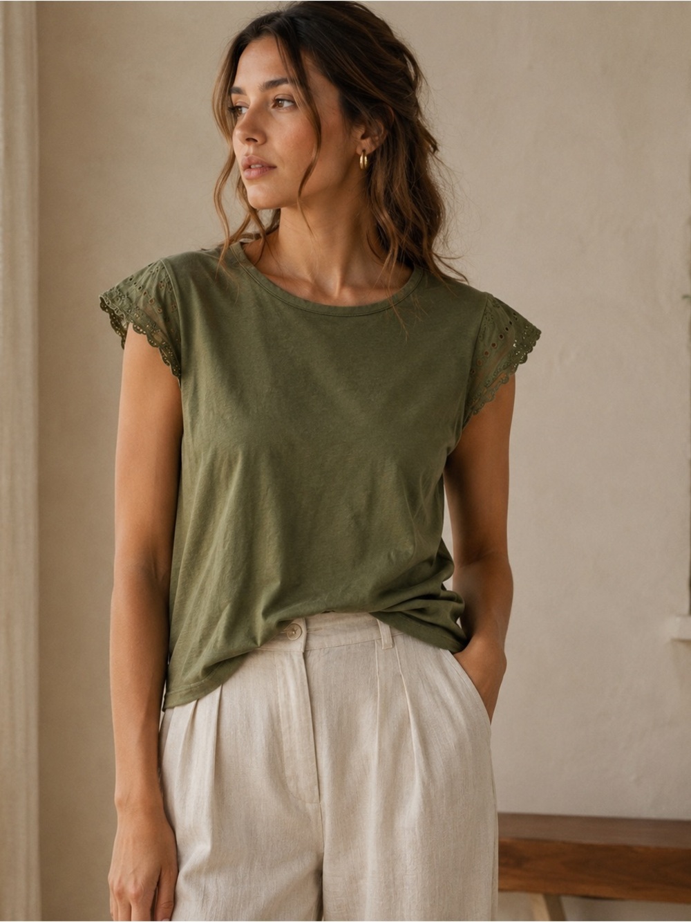 J. Crew Olive Eyelet Sleeve Cotton Tank